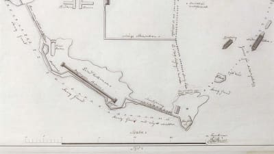 En karta från 1750 pekar ut platsen där vraket Blekinge ligger i Karlskrona örlogshamn