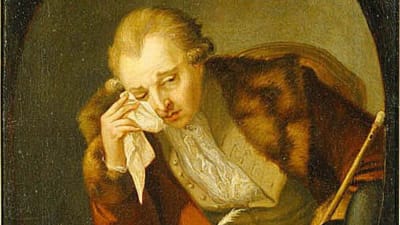 Carl Michael Bellman ses gråta över förlusten av två krigsfartyg under Gustav III:s ryska krig. Ett porträtt gjort av konstnären Pehr Hilleström, målat i propagandasyfte. 