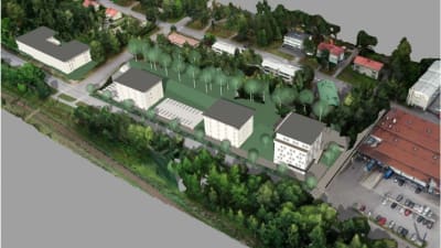 Ritning över fyra nya byggnader i flera våningar.