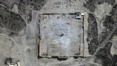 FN:s satellitbilder bekräftar att Islamiska staten har förstört huvudbyggnaden i Bel-templet i syriska Palmyra 31.8.2015.