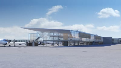 Så här ska flygplatsens södra flygel se ut år 2020. Man kommer att använda glas och trä för att göra passagerarutrymmena på flygplatsen ljusa och naturnära.