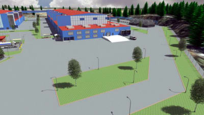 En animerad industribyggnad i blå och röd färg.