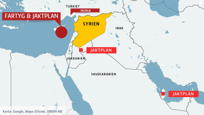 Karta över Syrien och västliga militärbaser i omgivningen.