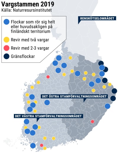 Karta över vargstammen i Finland våren 2019. 