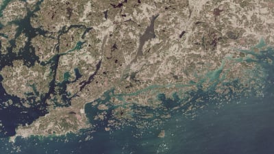 En satellitbild över Raseborg och Hangö där Pojoviken har en brunare ton än den blågröna Finska viken.
