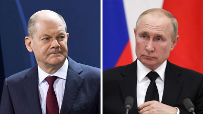 Bildmontage på Tysklands förbundskansler Olaf Scholz och Rysslands president Vladimir Putin.