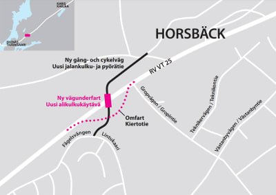 En karta som visar att en ny underfart ska byggas vid riksväg 25 från Fågelsvängen i Langansböle till Horsbäck.