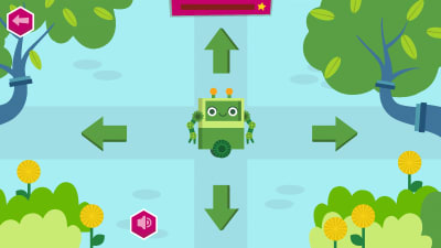 Pikku Kakkosen Eskari -sovelluksen Koodaus-pelissä liikutetaan vihreää robottia nuolien avulla ylös, vasemmalle, oikealle ja alas.