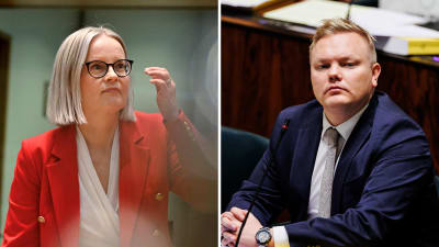 Finansminister Riikka Purra (Sannf) och Centerns gruppordförande Antti Kurvinen. Bildmontage.