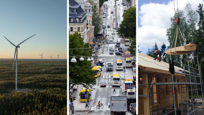 Collage med tre bilder. Till vänster vindkraftverk, i mitten bilar, bussar och lastbilar på en väg och till höger en man som jobbar på ett husbygge.
