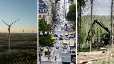 Kollage med tre bilder: till vänster vindkraftsverk, i mitten en livlig gata i centrum och till höger en bild på skogsbruk.