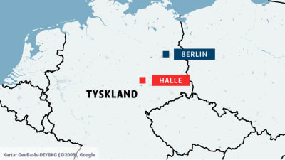 Karta över Tyskland med städerna Halle och Berlin. 
