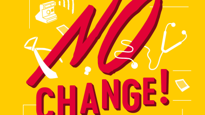 En gul bokpärm med texten No Change! skrivet i rött. 