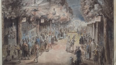 Marknaden i Drottningholms trädgård efter tournoien 1785. Omslagsbild på del två av Pehr Stenbergs levernesbeskrivning utgiven 2016. Akvarellerad pennteckning av Elias Martin (Nationalmuseum).