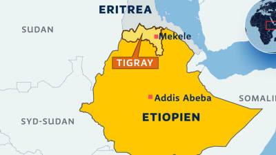 Karta på Etiopien med regionen Tigray och staden Mekele utmärkt. 