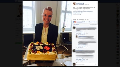 Danmarks utlännings- och integrationsminister Inger Støjberg firar asylskärpningar med tårta.