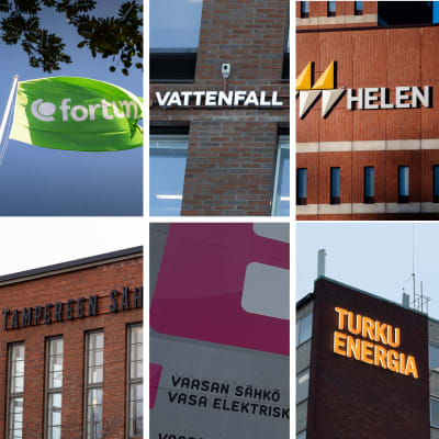 Kuuden kuvan yhdistelmä, jossa näkyy Fortumin, Vattenfallin, Helenin, Tampereen sähkölaitoksen, Vaasan sähkön ja Turku Energian logot.