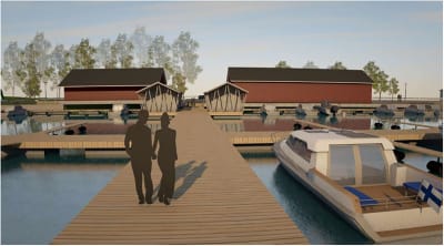 3D-illustration på flytande byggnader i gästhamnen i Ekenäs. 