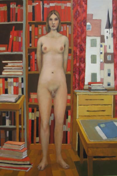 Målning av naken människa som har en kvinnas överkropp och en mans nedredel.
