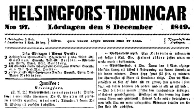 Sida ur Helsingfors Tidningar 08.12.1849