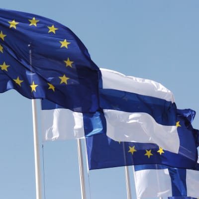 EU-flaggor och Finlands flaggor.