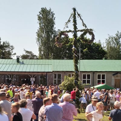 Ett folkhav runt en midsommarstång på Sarvsalö.