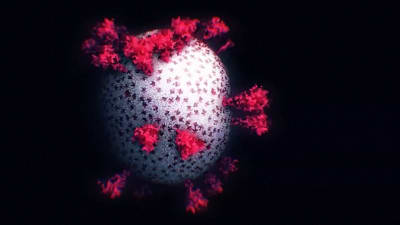 Animerad närbild av ett coronavirus.