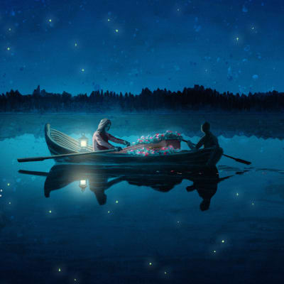Tähtitaivaan alla järvellä lipuu soutuvene. Veneessä on soutaja, peränpitäjä ja kukitettu ruumisarkku.