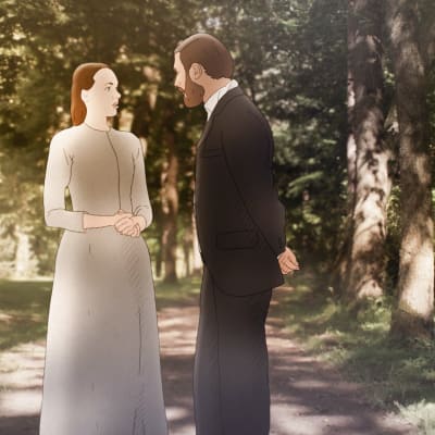 Georg och Elisabeth står som animerade figurer i en park.
