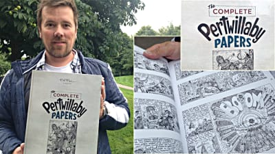 Kenneth Levänen med serietidningen Pertwillaby papers