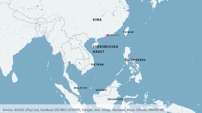 Karta som visar Sydkinesiska havet, omringat av Fililppinerna i öster, Vietnam i väster och Kina och Taiwan i norr.