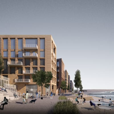 Havainnekuva Hakaniemenrannan ideakilpailun voittaneesta ehdotuksesta Cinque palazzi. Ehdotuksen tekijät ovat Arkkitehtitoimisto Harris-Kjisik Oy ja VSU maisema-arkkitehdit Oy.