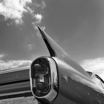 The typical tailfin of a 1960 Cadillac Coupe de Ville as the car is shown at the 'US Car Show' in Pforzen, Germany, 01 June 2014. Classic car owners were able to present their cars to the public during this meeting for vintage car enthusiasts.