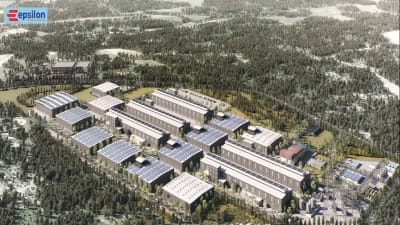 Ett digitalt ritat fabriksområde sett uppifrån.