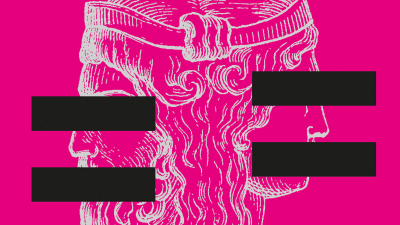 Omslaget till boken "Genusdoktrinen". En rosa pärm med två vittecknade byster med svarta censurerade streck över ögonen och munnarna. 