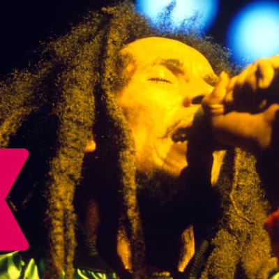 Bob Marley sjunger i en mikrofon.