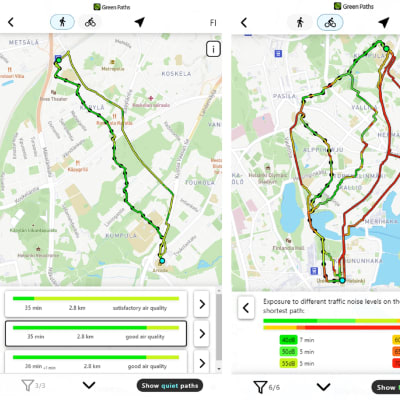 Erilaisia reittejä karttapohjilla mobiilinäytöllä, toinen on jalankulkijalle ja toinen pyöräilijälle.