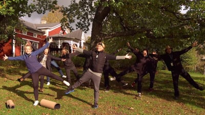 En grupp mänskor gymnastiserar i en trädgård.