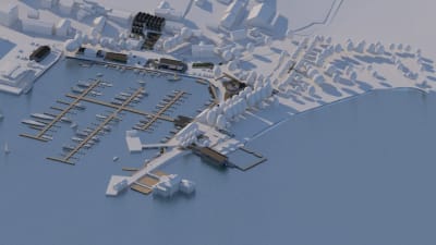 3D-illustration över området kring gästhamnen i Ekenäs. 