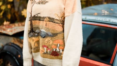 En stickad tröja med bild på en myr med en tall och svampar. 