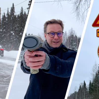 Kolmeen osaan jaettu kuva, jossa yhdessä on auto ajamassa lumisella tiellä, yhdessä toimittaja Valtteri Kujansuu osoittamassa tutkalla ja yhdessä hirvivaroitusmerkki.