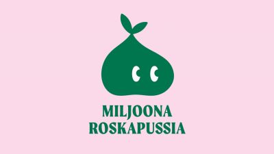 Miljoona roskapussia kampanjan logo vaaleanpunaisella pohjalla