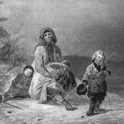 Mustavalkoinen kuva Robert Wilhelm Ekmanin maalauksesta Kerjäläisperhe maantiellä (1860).
