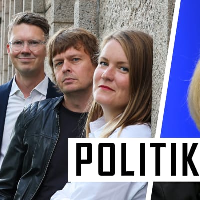 Tvådelad bild med ylereportrarna Magnus Swanljung, Joakim Rundt och Marianne Sundholm till höger och inrikesminister Mari Rantanen (Sannf) till höger. 