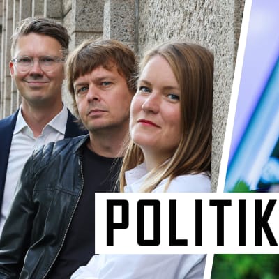 Tvådelad bild med Ylejournalisterna Magnus Swanljung, Joakim Rundt och Marianne Sundholm till vänster, och ett porträtt på en glad Petteri Orpo till höger.