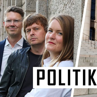 Delad bild med redaktörerna Magnus Swanljung, Joakim Rundt och Marianne Sundholm på en bild till vänster, och till höger en bild på sannfinländska riksdagsledamöten Miko Bergbom på riksdagshusets trappa. Ordet Politiken står tvärs över bilden.