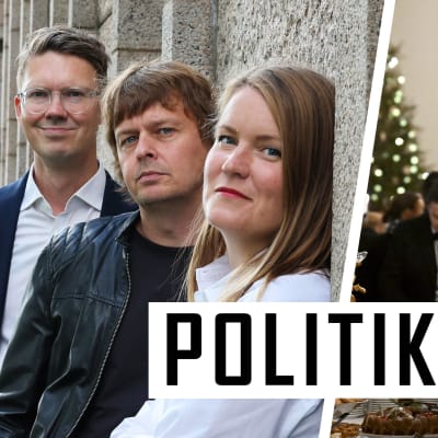 Tvådelad bild med Ylejournalisterna Magnus Swanljung, Joakim Rundt och Marianne Sundholm till vänster och riksdagens talman Jussi Halla-aho på julkaffe till höger.