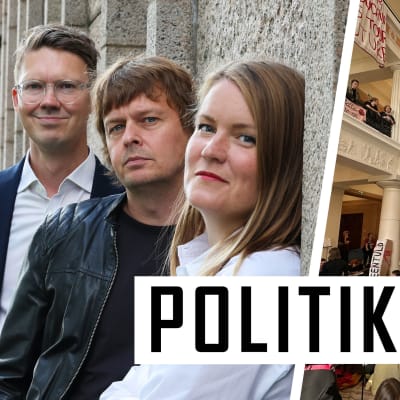 Delad bild med protesterna vid Helsingfors universitet till höger och Yleredaktörerna Magnus Swanljung, Joakim Rundt och Marianne Sundholm till vänster, med texten Politiken över bilden. 