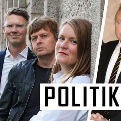 Ylejournalisterna Magnus Swanljung, Joakim Rundt och Marianne Sundholm till vänster, med en bild på Centerns Antti Kurvinen och Annika Saarikko till höger.