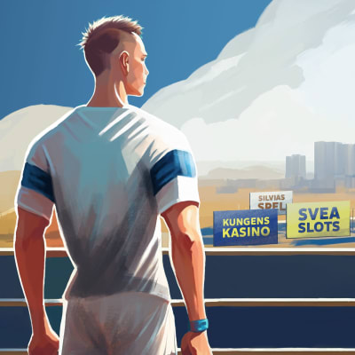 En tecknad kille tittar mot Sverige där det finns spelreklam. På skyltarna står det bland annat "Svea Slots" och "Kungens Kasino"